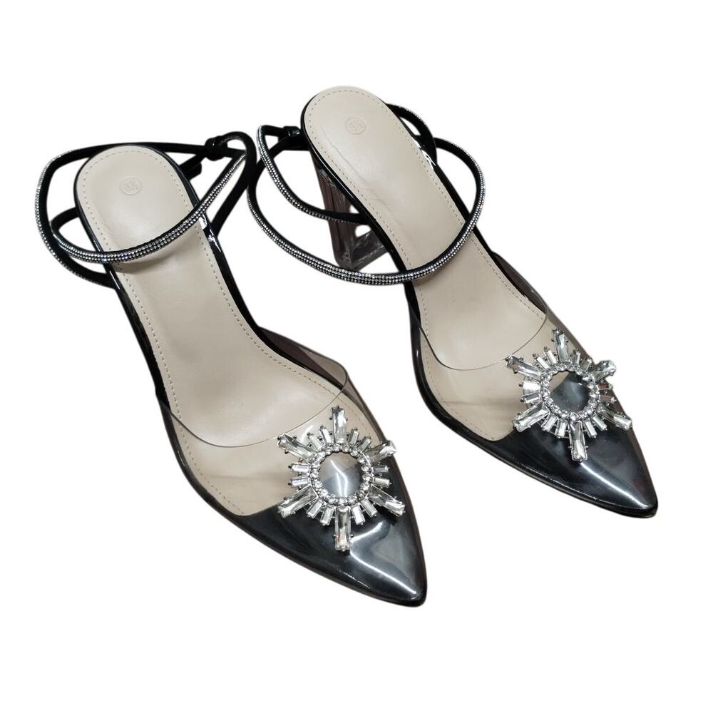 Clear Rhinestone Strappy Ankle Pointed Toe Block Heels ZBY Women's Size 6.5